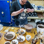 Richard Heeley at work in his pottery in Shropshire Feb 2018